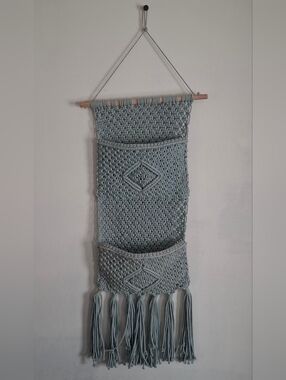 Source Unknown Light Blue Macramé Hanging Wall Organizer